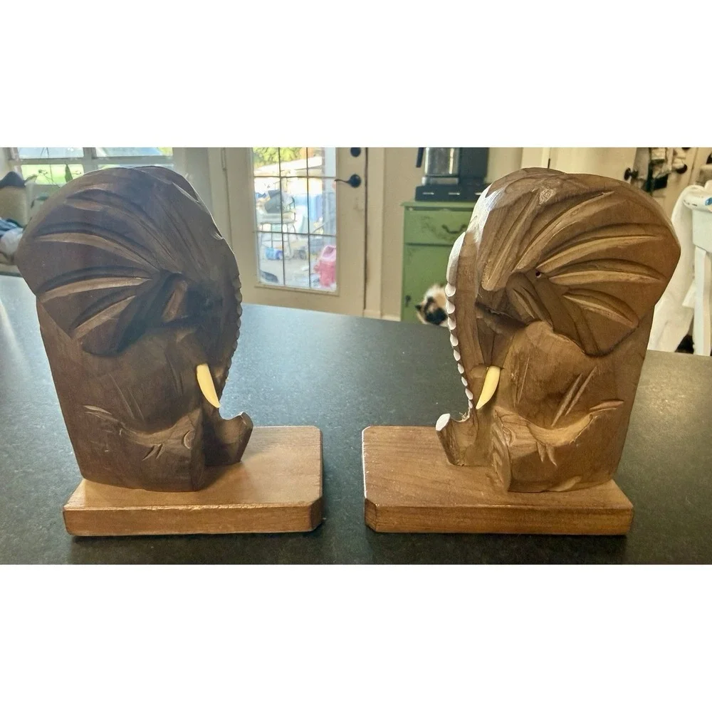 Vintage Hand-Carved Solid Wood Elephant Bookends (Pair)
